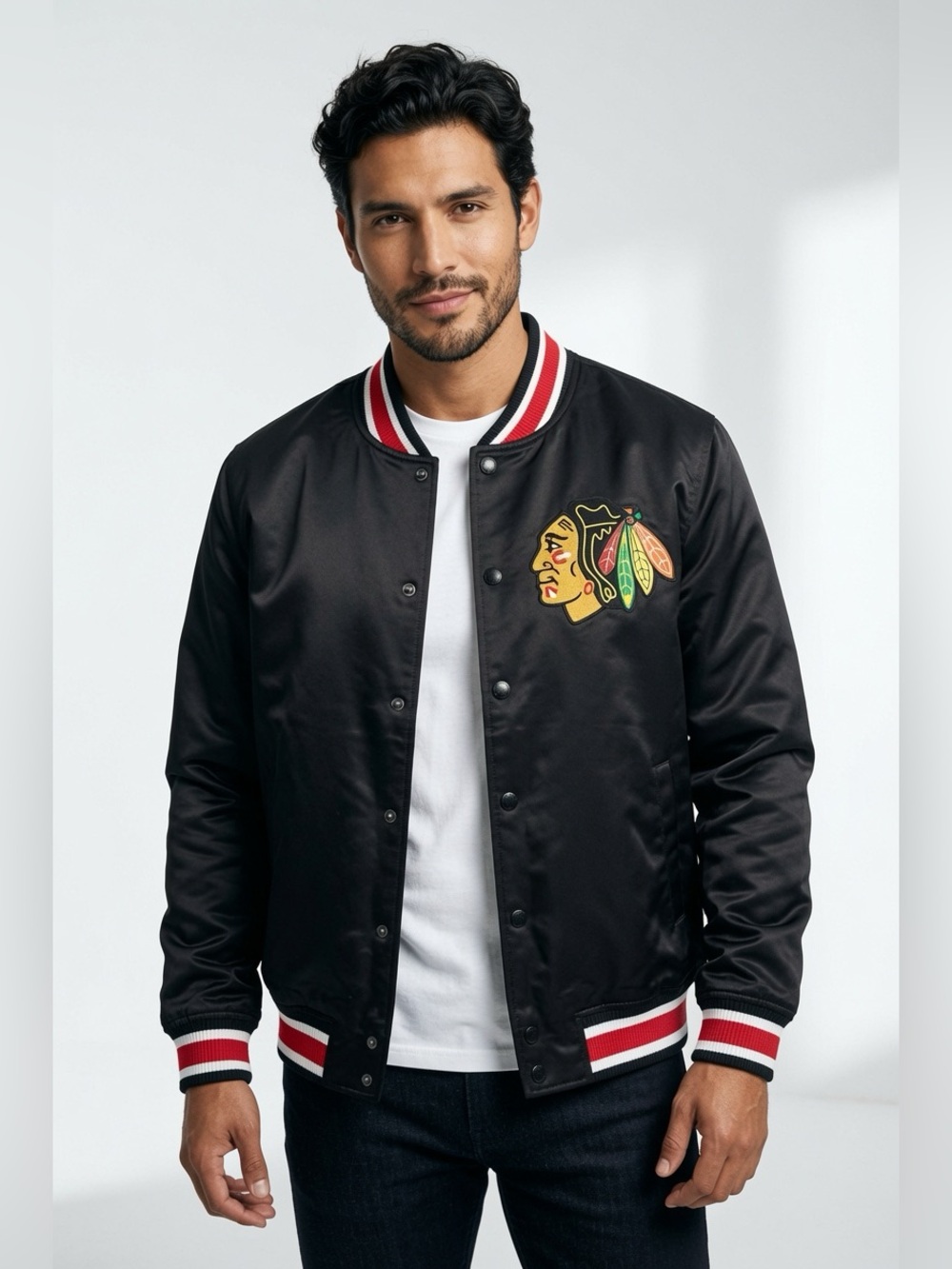 New Era Chicago Blackhawk’s Sports Classic black Satin Varsity Jersey Jacket